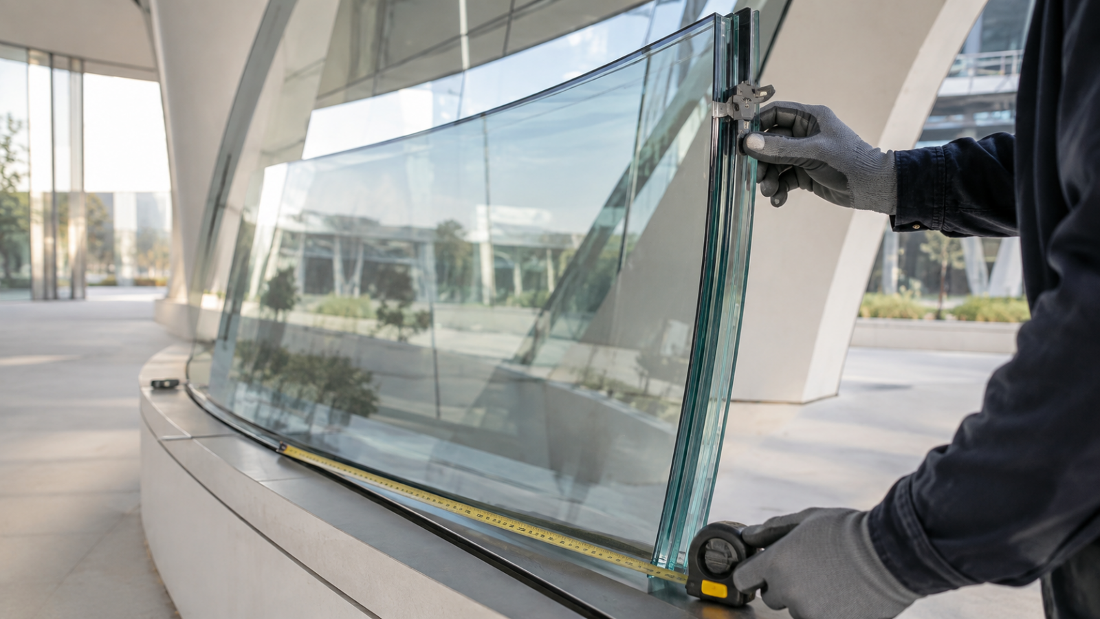 การตรวจรับกระจกดัดโค้งและ Curved Laminated Glass ที่หน้างาน โดยตรวจแนวโค้ง ขอบลามิเนต ฟองอากาศ และรอยขีดข่วน