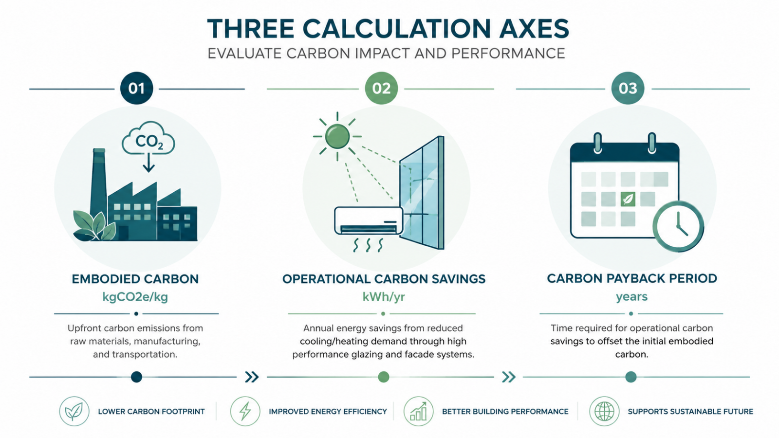 แผนภาพสูตรคำนวณ Embodied Carbon, Operational Savings และ Carbon Payback Period